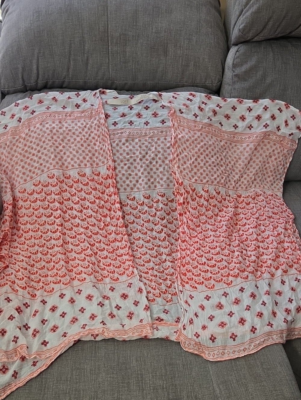 LOFT Coral and White Printed Open Cardigan